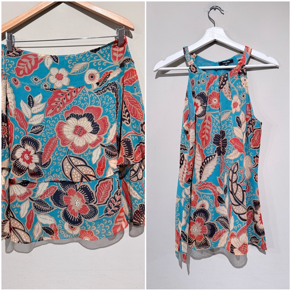 Vintage Rafaella Outfit 2 Pc Set Ruffle Skirt/Blouse Floral Summer Women M/6